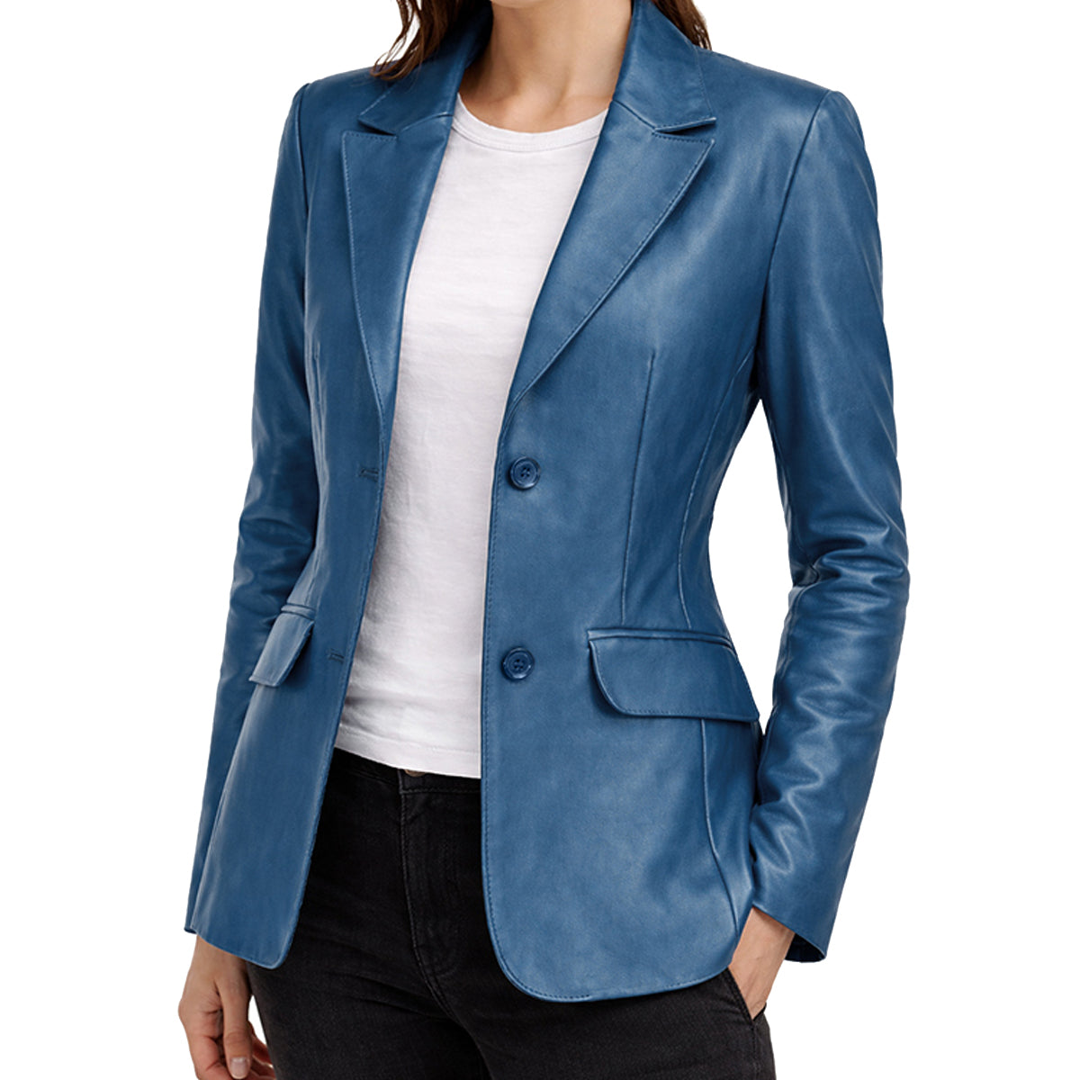 WomenBlueleathercoatblazer