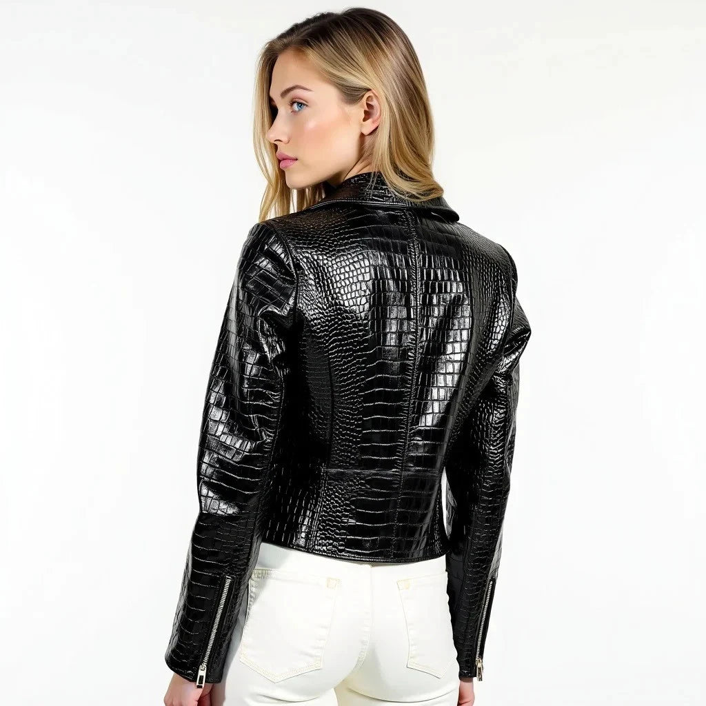 Women’s Black Crocodile Embossed Faux Leather Biker Jacket