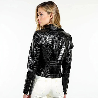 Women’s Black Crocodile Embossed Faux Leather Biker Jacket