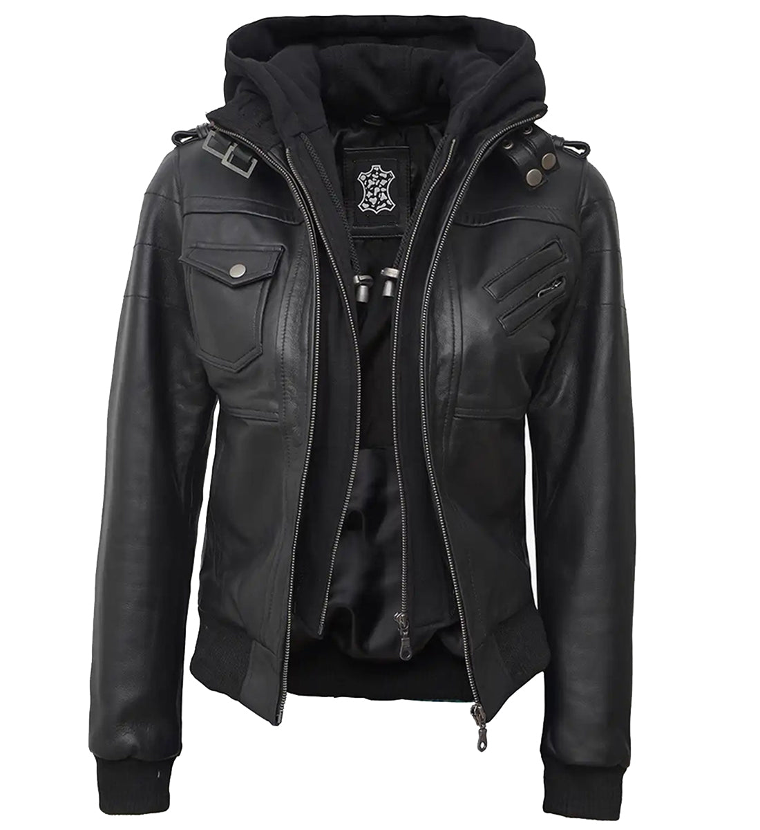Women_sBlackHoodedLeatherBomberJacketRemovableHoodFanfitsUK