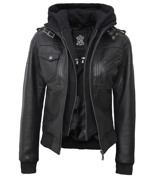 Women_sBlackHoodedLeatherBomberJacketRemovableHoodFanfitsUK