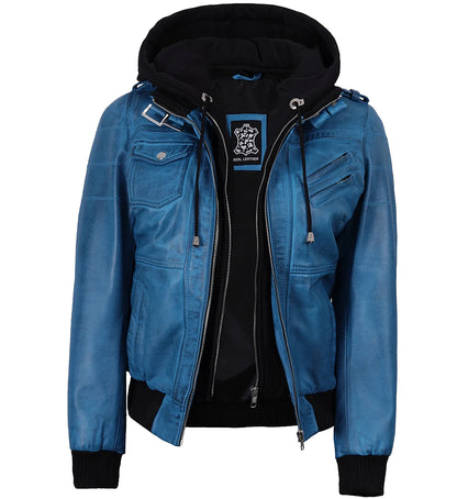 Women_sRealBlueLeatherBomberJacketwithDetachableHoodRibbedCuffsGenuineLambskin