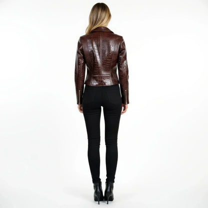 Women’s Brown Crocodile Embossed Faux Leather Biker Jacket