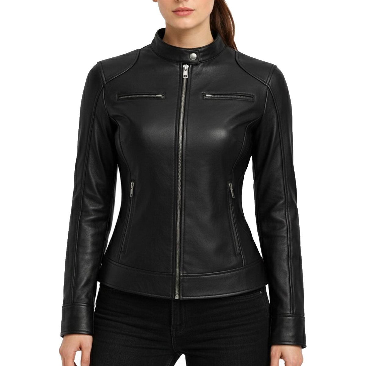 Women's Black Biker Moto Real Leather Jacket