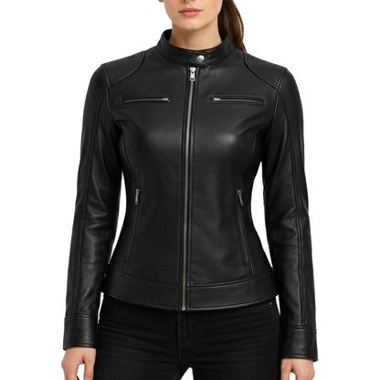 Women's Black Biker Moto Real Leather Jacket