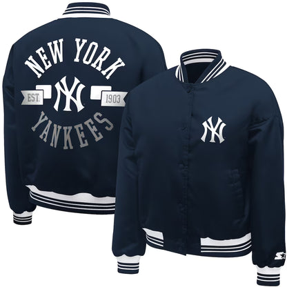 Women’s NY Yankees Starter Navy Printed Logo Cropped Satin Varsity Full-Snap Jacket