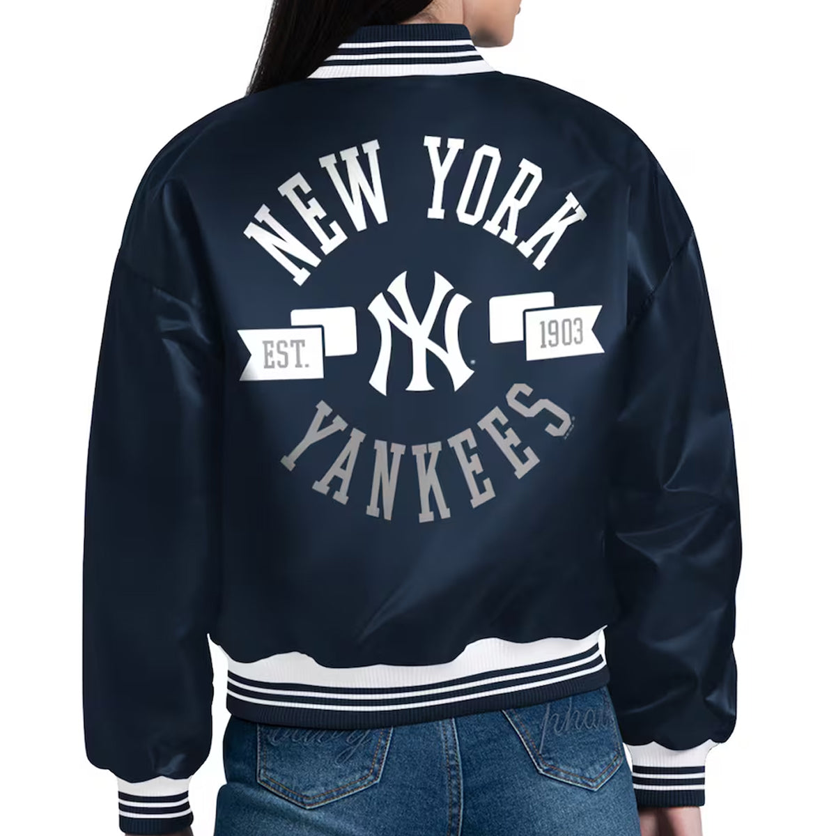 Womens-New-York-Yankees-Starter-Navy-Printed-Logo-Cropped-Satin-jacket