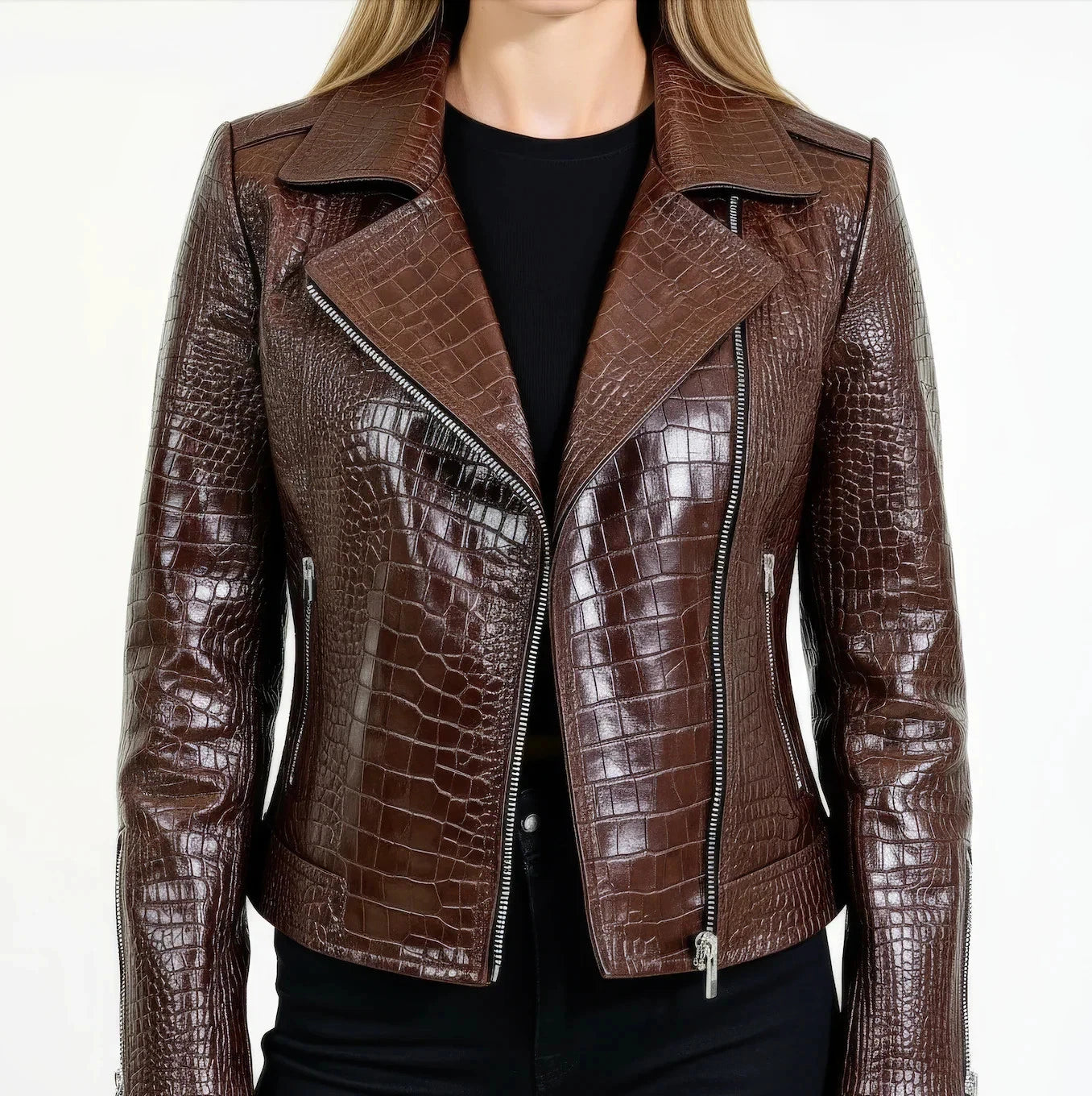 Women’s Brown Crocodile Embossed Faux Leather Biker Jacket