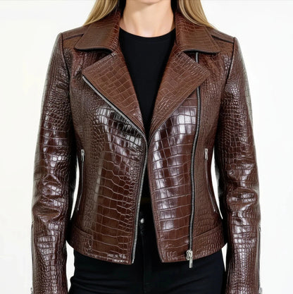 Women’s Brown Crocodile Embossed Faux Leather Biker Jacket