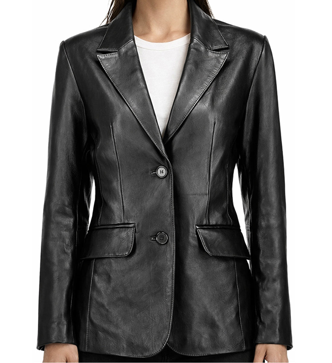 Women's Lambskin Leather Blazer Jacket - Black