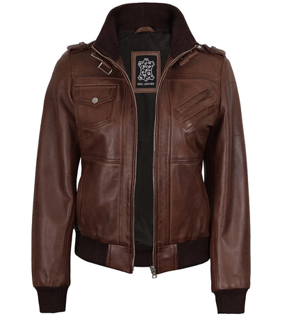 brownlambskinleatherjacketribbedcuffswomen