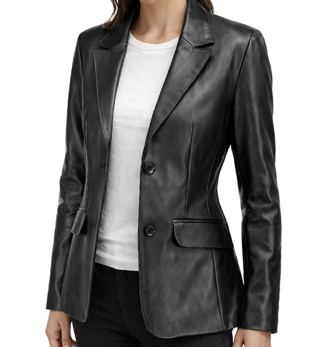 Women's Lambskin Leather Blazer Jacket - Black