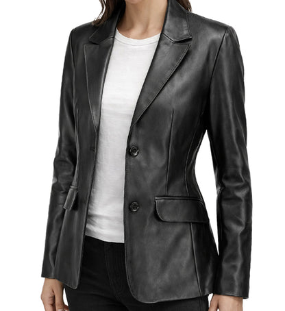 Women's Lambskin Leather Blazer Jacket - Black