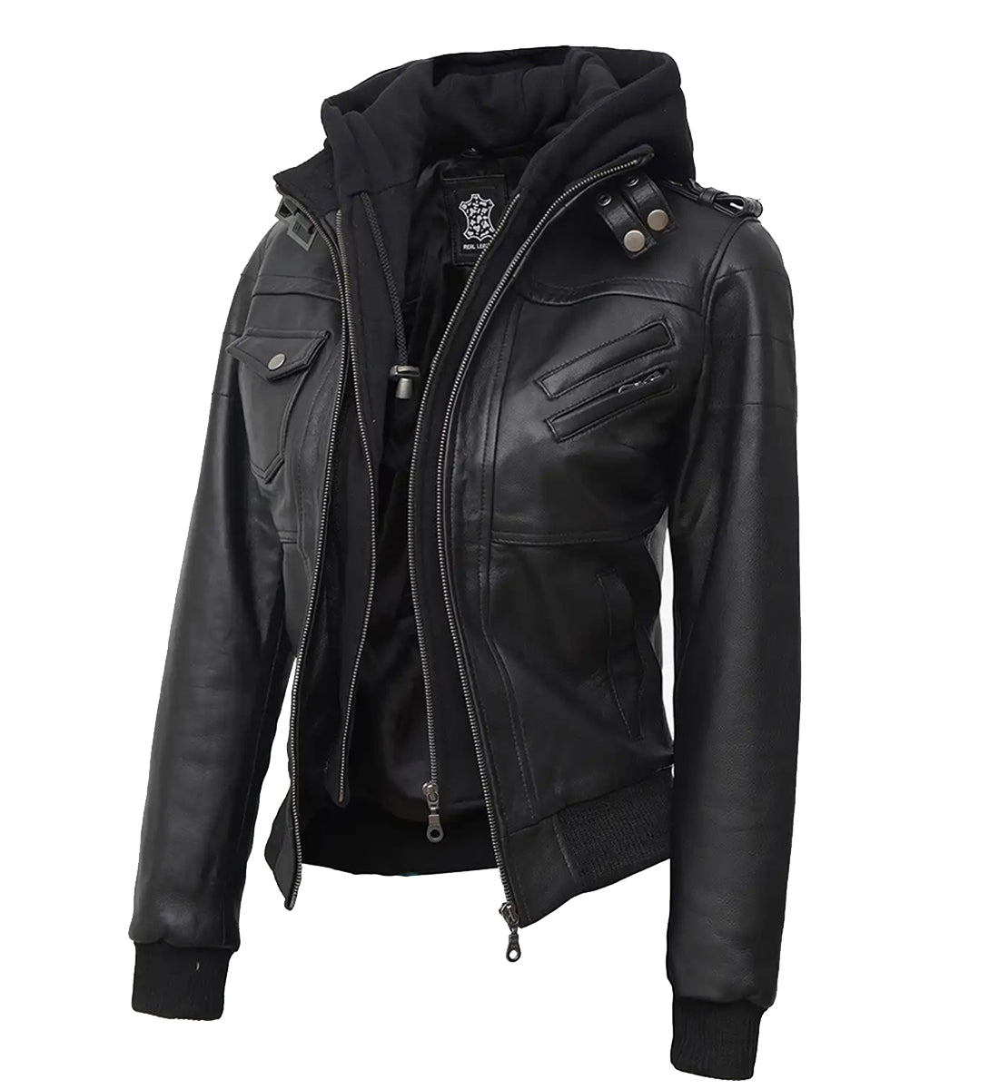 Women's Black Hooded Leather Bomber Jacket Removable Hood