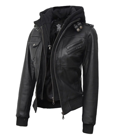 Women's Black Hooded Leather Bomber Jacket Removable Hood