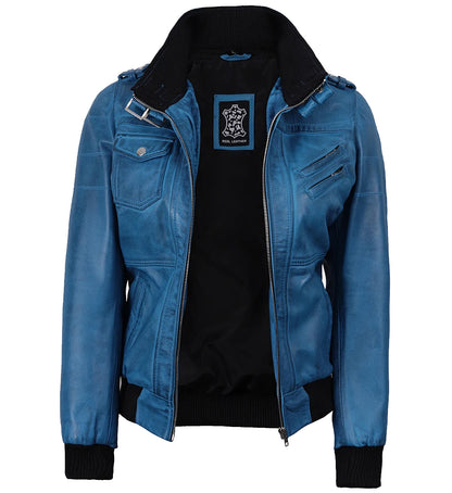 Women's Real Blue Leather Bomber Jacket with Detachable Hood