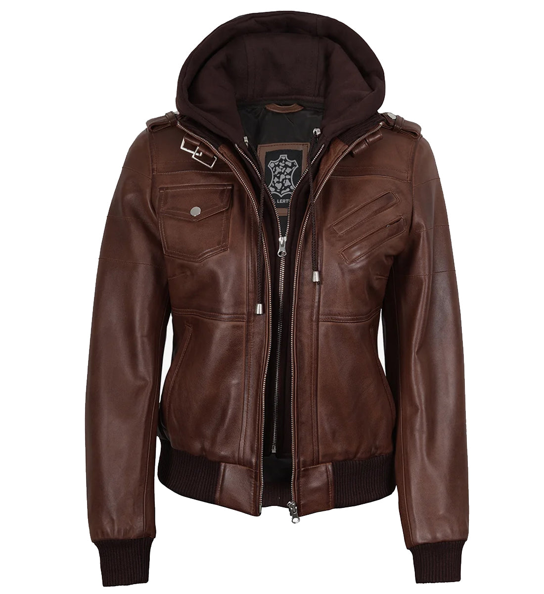 Women's Brown Lambskin Leather Bomber Jacket with Detachable Hood