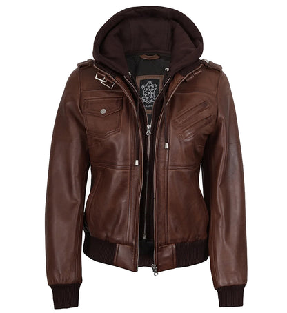 Women's Brown Lambskin Leather Bomber Jacket with Detachable Hood