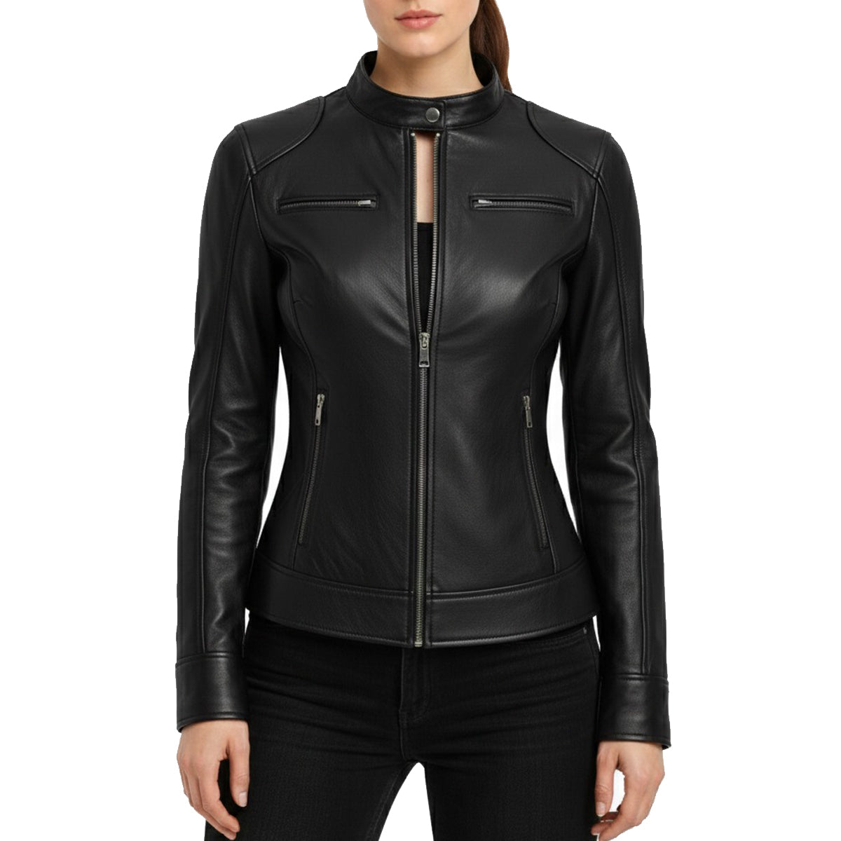 Women's Black Biker Moto Real Leather Jacket
