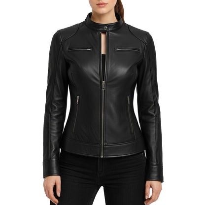 Women's Black Biker Moto Real Leather Jacket