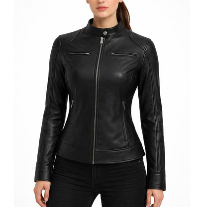 Women's Black Biker Moto Real Leather Jacket